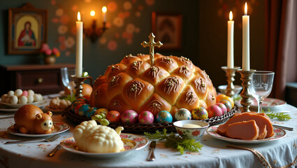 Traditional Ukrainian Easter table with paska bread, painted eggs, lamb-shaped butter, and festive embroidered cloth