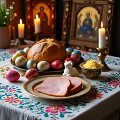 Traditional Ukrainian Easter table with paska bread, painted eggs, lamb-shaped butter, and festive embroidered cloth