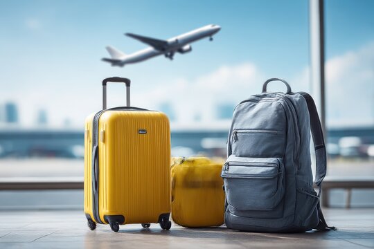 Travel Luggage at Airport Terminal with Airplane Background