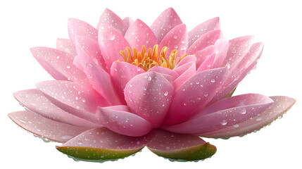 A pink water lily with droplets on its petals, set against on Transparent background.