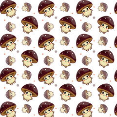 Seamless pattern children's theme cartoon fairy mushrooms, white background