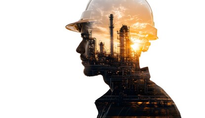 Man in hard hat silhouette with industrial refinery background double exposure.