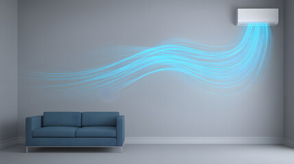 Photorealistic depiction of an air conditioner blowing cool air into a room, showcasing the cooling effect with visible air flow, modern design, and sleek appearance.
