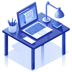 Isometric home office desk with laptop, lamp, and stationery in clean setup