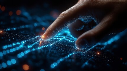Finger touches blue data stream with orange accents in low light, close up