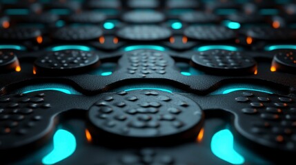 Textured black surface with circular patterns and glowing blue and orange accents