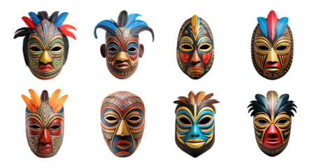 Colorful Tribal Masks Collection Displaying Cultural Heritage Artistry, PNG bundle collection, Isolated on Transparent Background