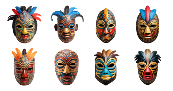 Colorful Tribal Masks Collection Displaying Cultural Heritage Artistry, PNG bundle collection, Isolated on Transparent Background