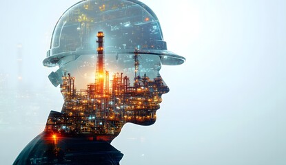 Silhouette of person wearing hard hat overlaid with city skyline and industrial imagery.
