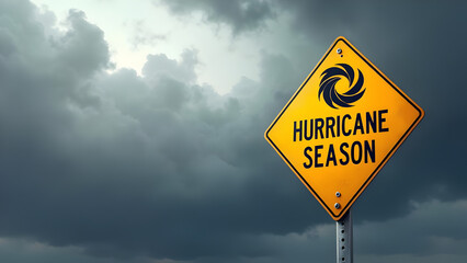 Storm warning sign for hurricane season under dark dramatic sky, concept for emergency preparedness, severe weather alert, climate change impact, public safety awareness and natural disaster forecast