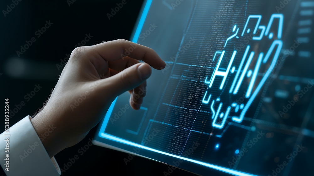 Poster artificial intelligence and machine learning dashboard displayed on a holographic screen as a busine