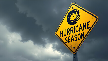 Storm warning sign for hurricane season under dark dramatic sky, concept for emergency preparedness, severe weather alert, climate change impact, public safety awareness and natural disaster forecast