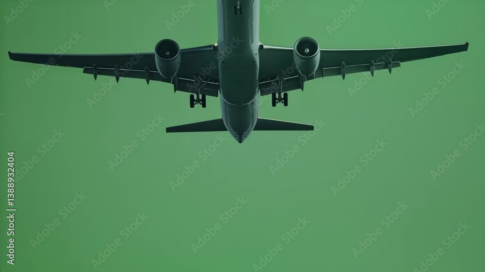 Poster passenger airplane descending for landing against green screen background, providing clean compositi