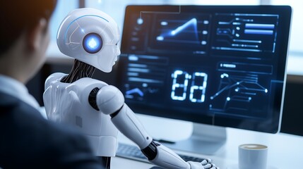 Artificial intelligence and machine learning dashboard displayed on a holographic screen as a businessman uses AI chatbot to streamline tasks, optimize decision-making, and boost work performance.