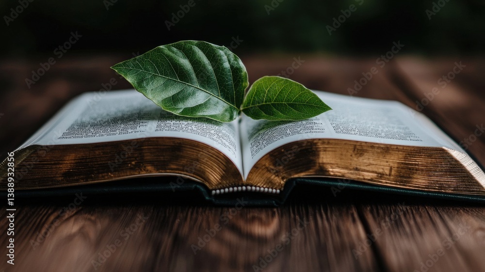 Poster a leaf is resting on the open pages of a book