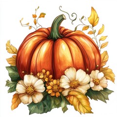 A vibrant watercolor painting featuring a pumpkin and floral accents