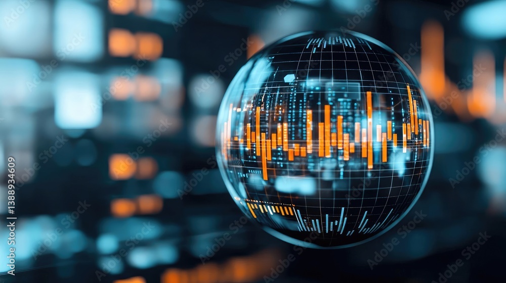 Poster candlestick in crystal globe predicting stock market profit concept. abstract digital globe represen