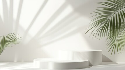 White pedestal display with tropical leaves and sun shadows.  Use Product presentation