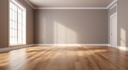 Fototapeta premium Empty wooden room with warm sunlight streaming through a large window, filling the space with natural light.