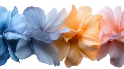 Fototapeta premium A row of flowers with blue, orange, and pink petals