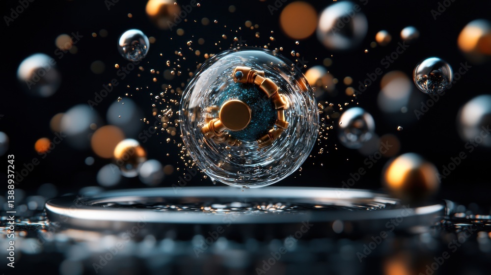 Poster a sphere of gold and silver balls is floating in a pool of water