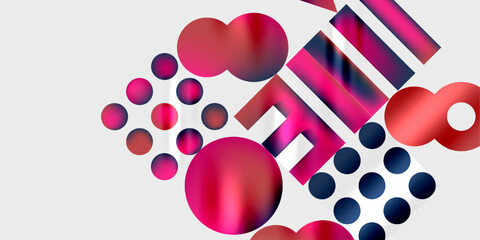 Abstract shapes, circles, rectangles, gradients. Red, pink, navy colors. Modern design, dynamic composition, simple forms. Clean aesthetic, vibrant hues.