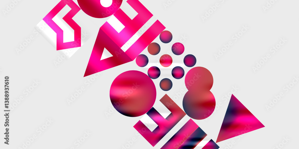 Poster abstract composition. pink shapes, circles, triangles, rectangles. white background. modern design. 
