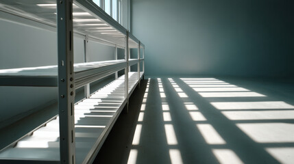 Obraz premium Empty metal shelves cast long shadows in sunlit room, creating serene atmosphere