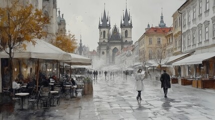 Obraz premium Solo artist sketching architecture in Prague, gothic spires, cobblestone street, cafÃ© tables nearby