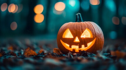 A glowing jack o' lantern with a spooky grin sits on a bed of autumn leaves.