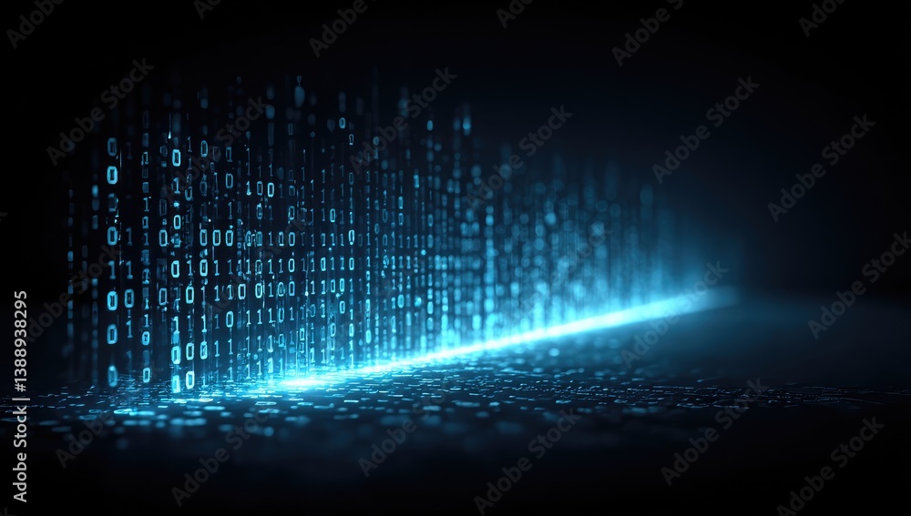 Fototapete abstract blue binary code background with glowing light effect