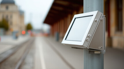 Industrial interface screen mounted on metal pole at train station