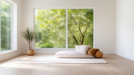 Modern, peaceful retreat room with large windows showcasing a lush green garden.  Soft, neutral colors create a serene ambiance