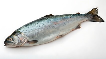 Obraz premium Fresh fish on ice and wooden board with various seafood on white background.