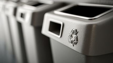 Close up of recycling bins with embossed icons, emphasizing sustainability