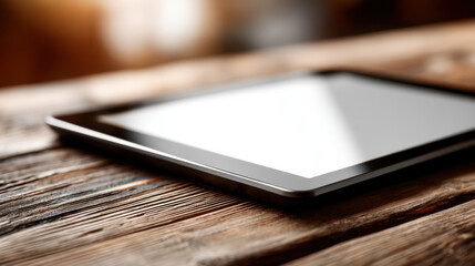 Digital tablet with blank screen on rustic wooden table, creating modern and natural contrast