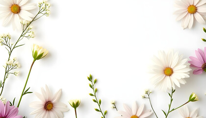 Fototapeta premium Flower frame, flower background. Mother's Day, Wedding, feminine, isolated flowers. flower decoration, deco, Rose, Lily, Daisy, leaves, lavender, Abutilon, white background, postcard, mock up