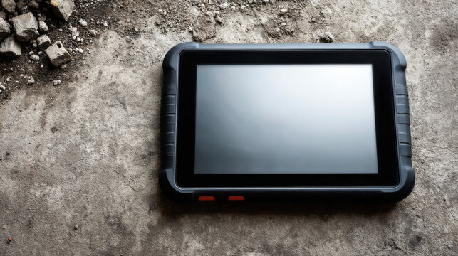 Rugged tablet with blank screen on rough concrete surface, showcasing durability
