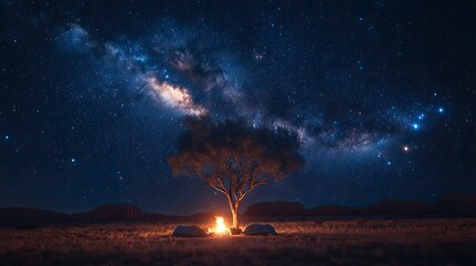 Obraz premium Family camping under stars in Australian outback, campfire glowing, swags rolled out, ancient rock formations visible