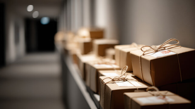 Cardboard boxes tied with string are neatly arranged along hallway wall, creating sense of anticipation