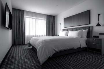 A modern hotel bedroom with a large bed and window view
