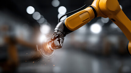 Robotic arm in factory setting with digital interface overlay, showcasing advanced technology