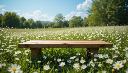 Fototapeta premium A vibrant wooden table in meadow, surrounded by white blooming flowers under blue sky. Tranquil spring sunshine, greenery, scenic view, natural light on wood texture. Recreation background