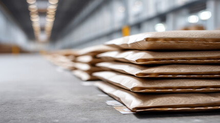 Stack of eco friendly mailers in logistics center, ready for shipping