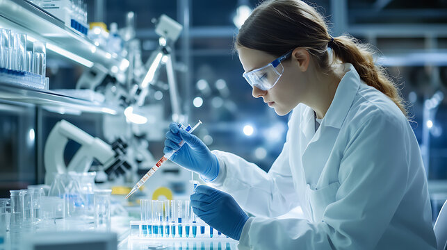 A biochemist developing CRISPR gene editing therapies for genetic disorders, research lab with gene-editing tools, DNA samples