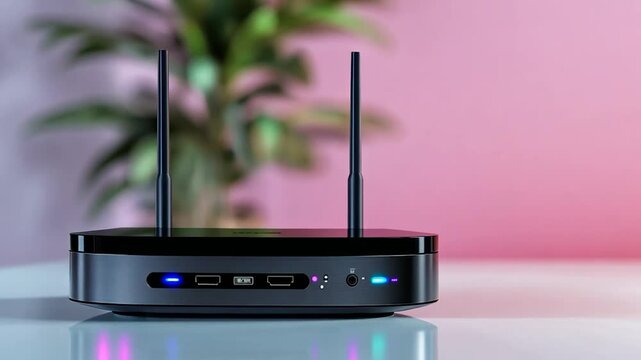 Modern wireless router on a sleek table with a pink background and plant, showcasing technology