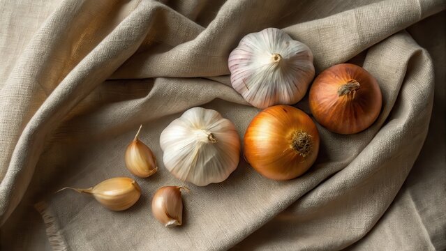 A still-life image featuring various types of garlic and onions on a textured fabric background.