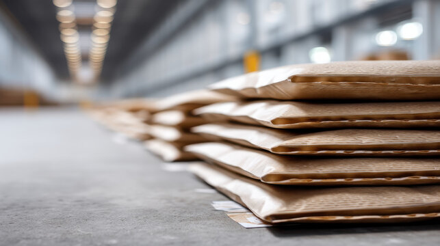 Stack of eco friendly mailers in logistics center, ready for shipping