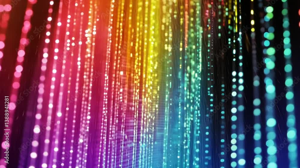 Poster vibrant cascading light strands background with bokeh effect and spectral gradient