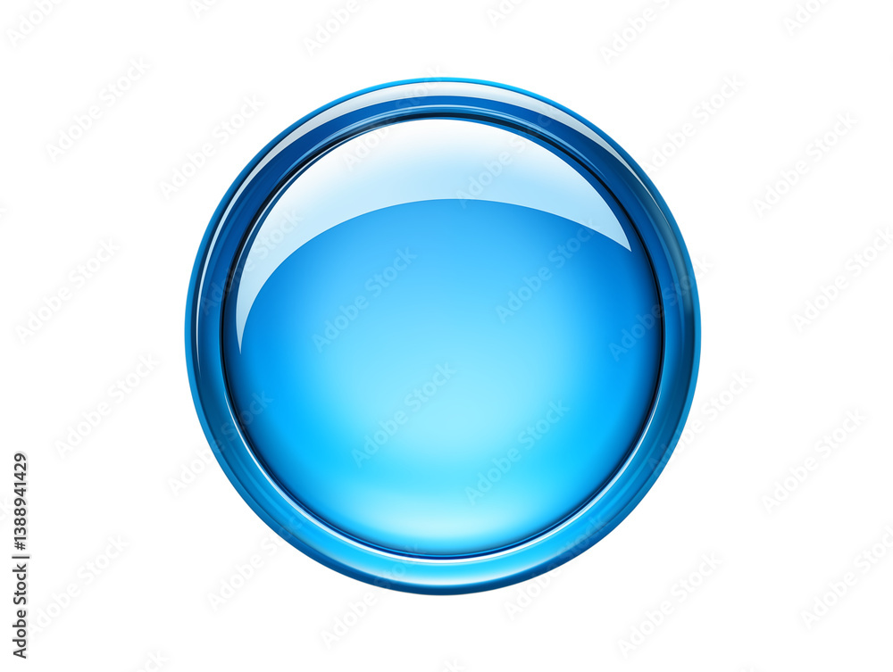 Poster a shiny blue button with a chrome border on a with light reflecting off the surface on transparent b